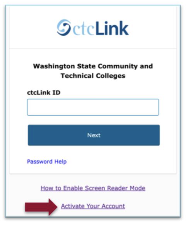 ctcLink login screen with an arrow pointing to "Activate Your Account"
