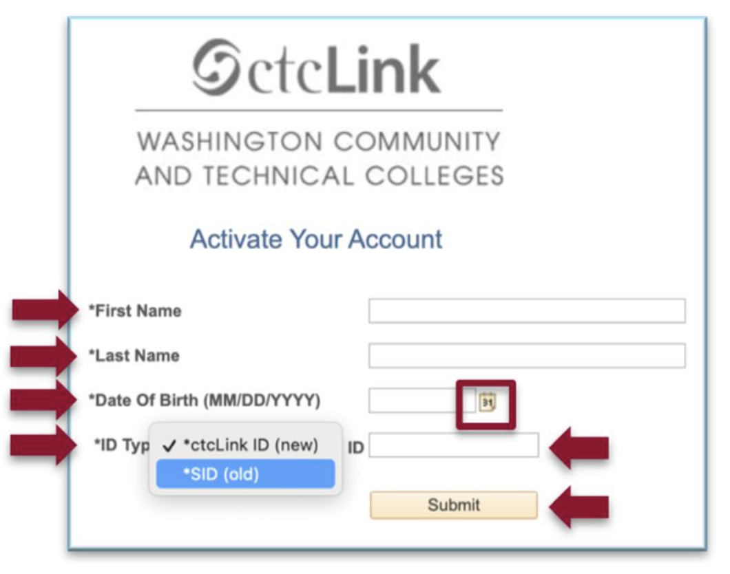 A screenshot of ctcLink with arrows pointing to First Name, Last Name, DOB, ID Type, and Submit