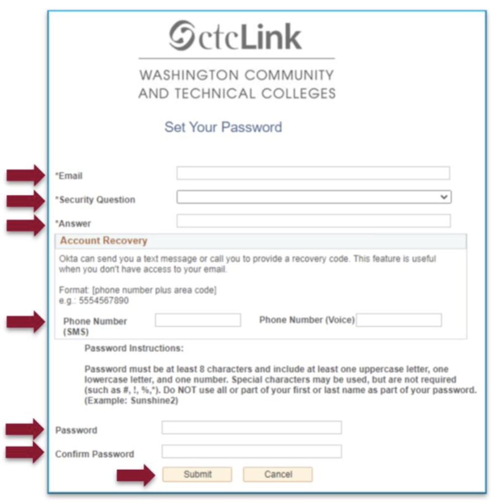 A screenshot of ctcLink with arrows pointing to Email, Security Questions, Answer, Phone Number, Password, Confirm Password, and Submit