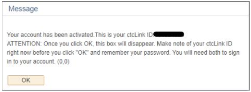 A screenshot of ctcLink with a message confirming ctcLink ID