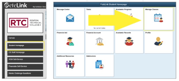 The ctcLink home page with an arrow pointing to "Manage Classes"