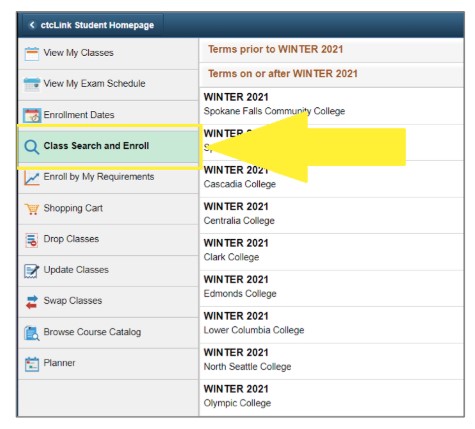 A screenshot of ctcLink with an arrow pointing to "Class Search and Enroll"