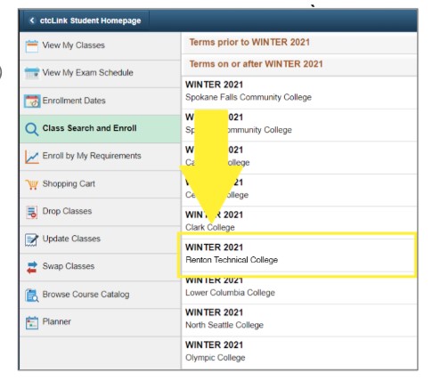 A screenshot of ctcLink with an arrow pointing to "Winter 2021"