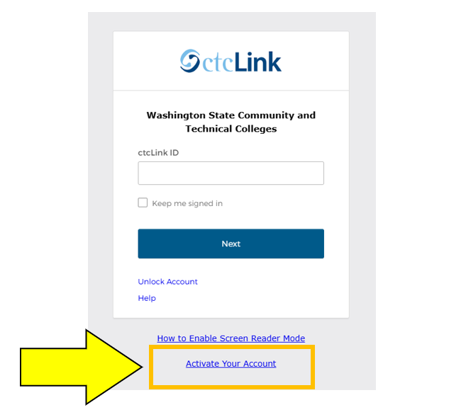 ctcLink login screen with an arrow pointing to "Activate Your Account"