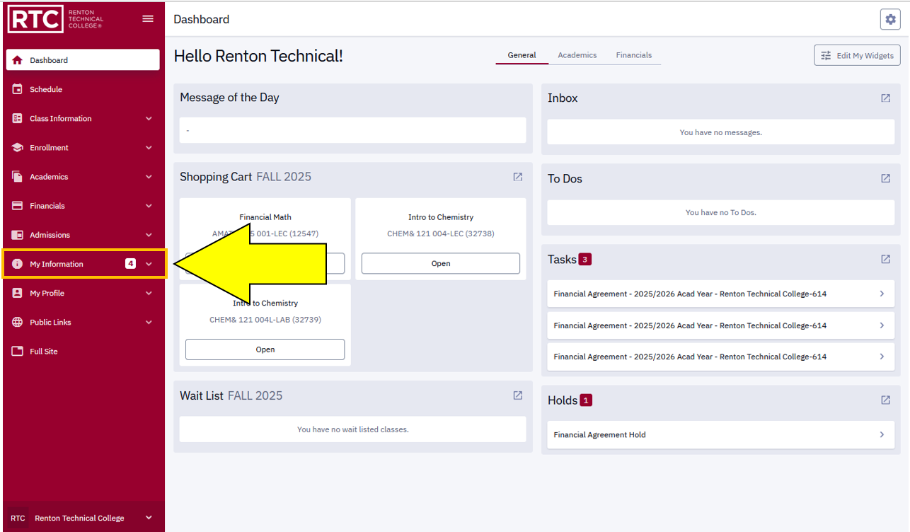 An arrow pointing to "My Information"
