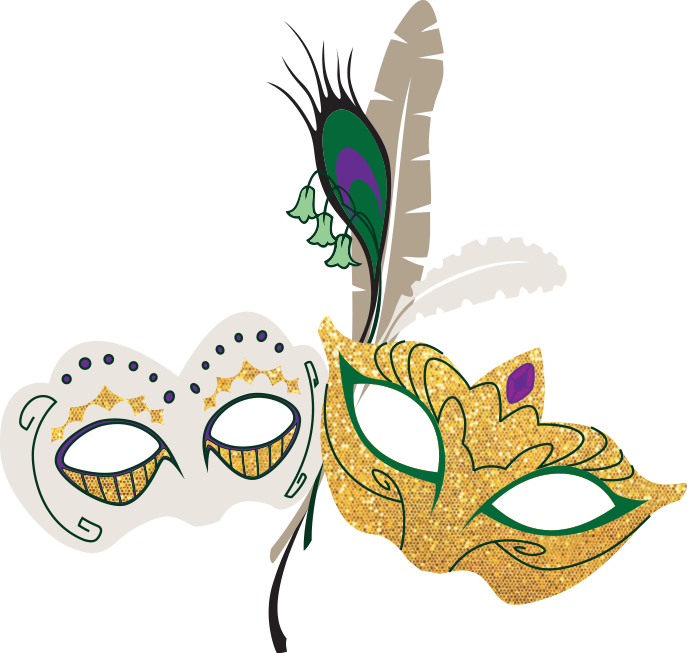A Mardi Gras-themed graphic with two masks and feathers. The text reads &quot;Student Success Celebration&quot; with text below reading Mardi Gras Saturday March 7
