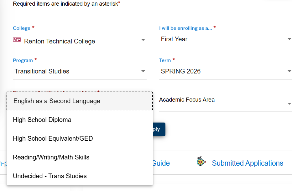 A screenshot of the ctcLink application process featuring a drop-down menu for selecting your area of study