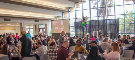 An all-college meeting in the RTC cafeteria