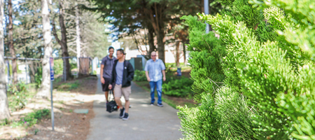 Three RTC students walking a path behind building H