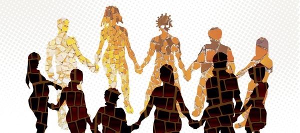 A group of mosaic figures in a circle holding hands