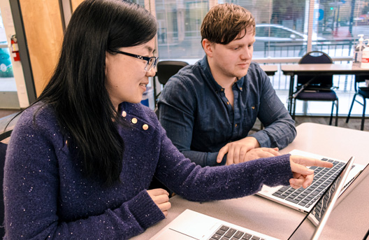 One person pointing at the computer another person is using.