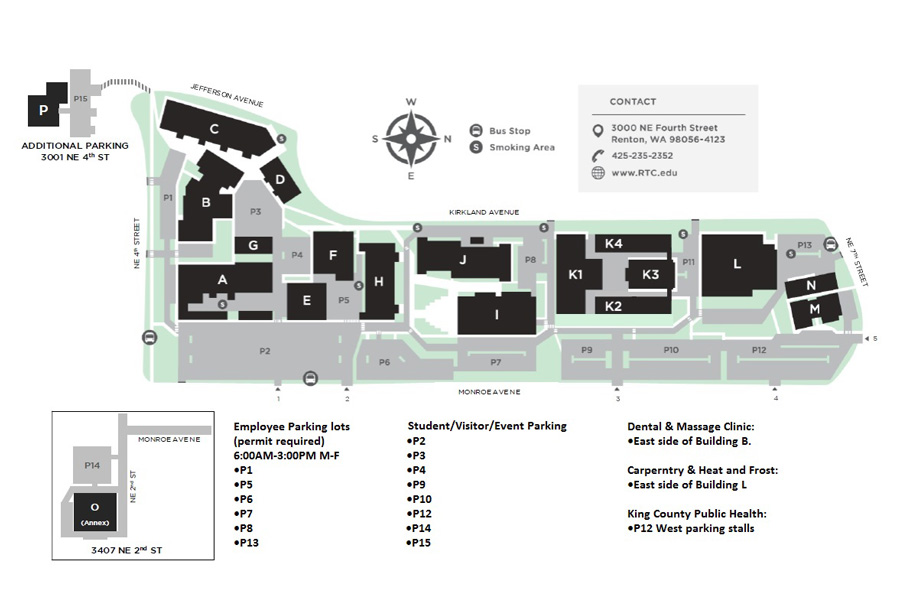 RTC campus map showing general parking locations with faculty/staff parking reserved in P1, P5, P6, P7, P8, P13, and portions of P12. 