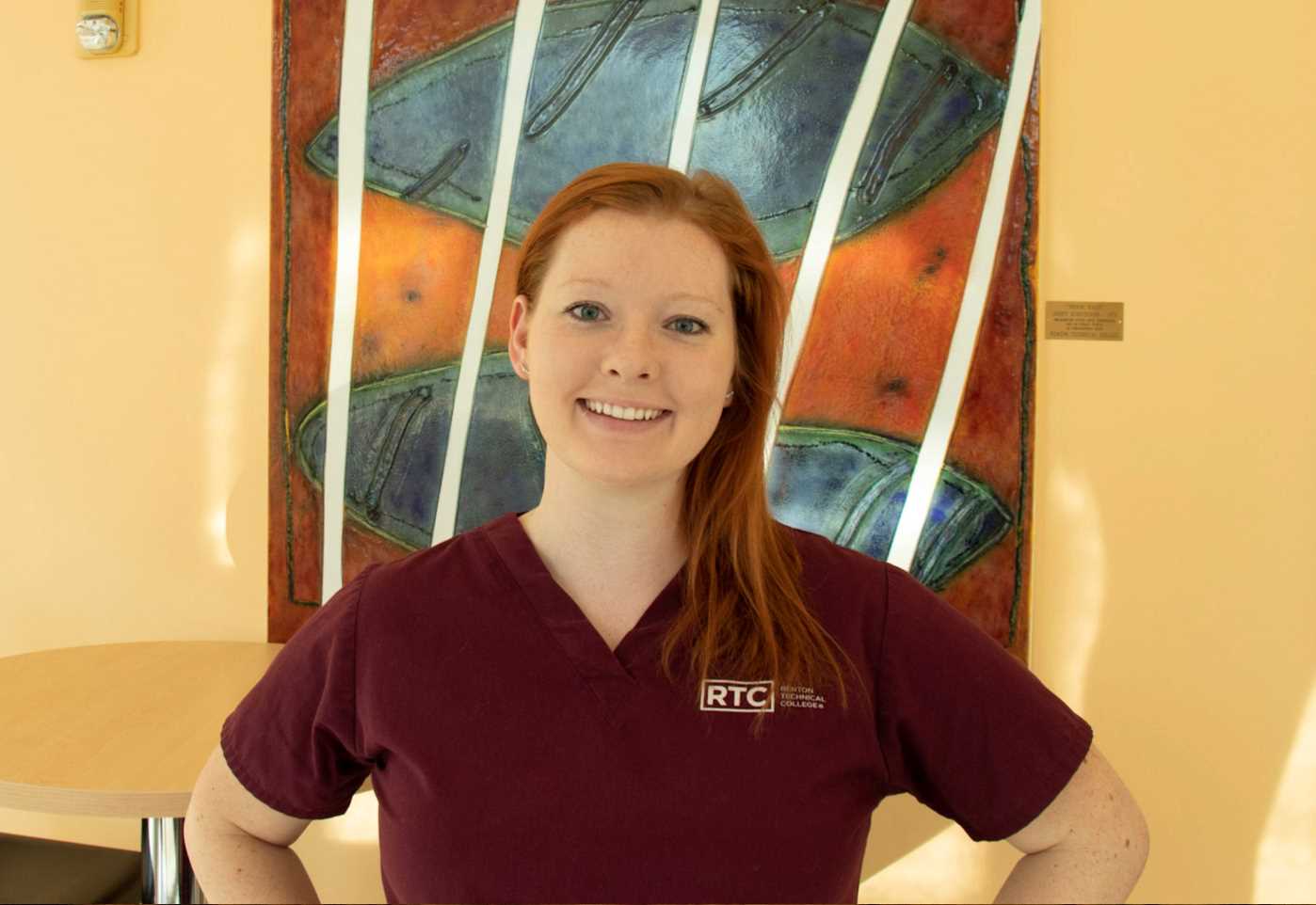 Nursing student Angelina Onishchenko in her student scrubs