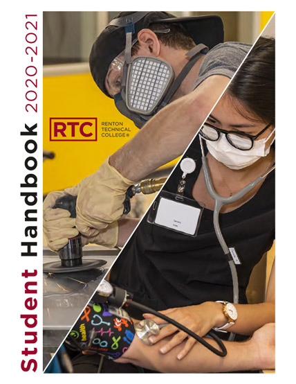 Student Handbook 2020-2021 text next to images of RTC students working in labs and shop