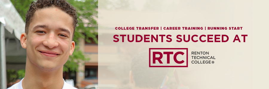 Devin, RTC student smiling; superimposed words to the right says "College Transfer | Career Training | Running Start - Students Succeed at RTC."