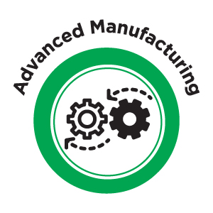 The Advanced Manufacturing icon featuring two cogs spinning in a green circle.
