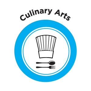The Culinary Arts icon featuring a chef's hat and with a fork and knife in a blue circle.