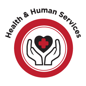The Health and Human Services icon featuring a heart with a red medical cross held by two hands in a red circle.