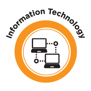 The Information Technology icon featuring two computers exchanging information via a data stream in an orange circle.
