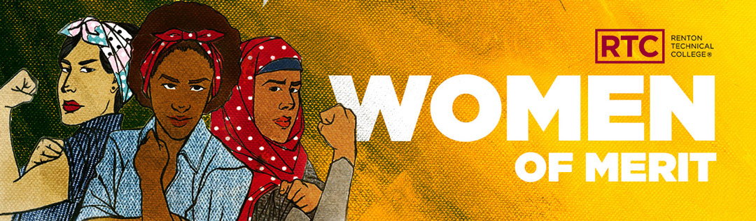 Yellow canvas with Women of Merit text over it, three females in various outfits doing the Rosie the Riveter arm flex. 