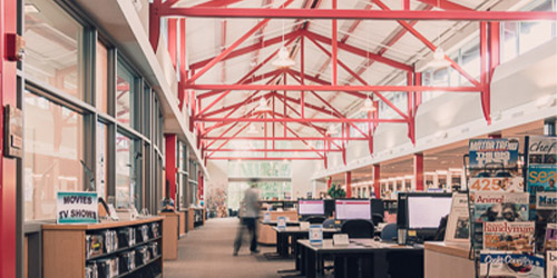 RTC Library hall showing the iconic red beams on the ceiling