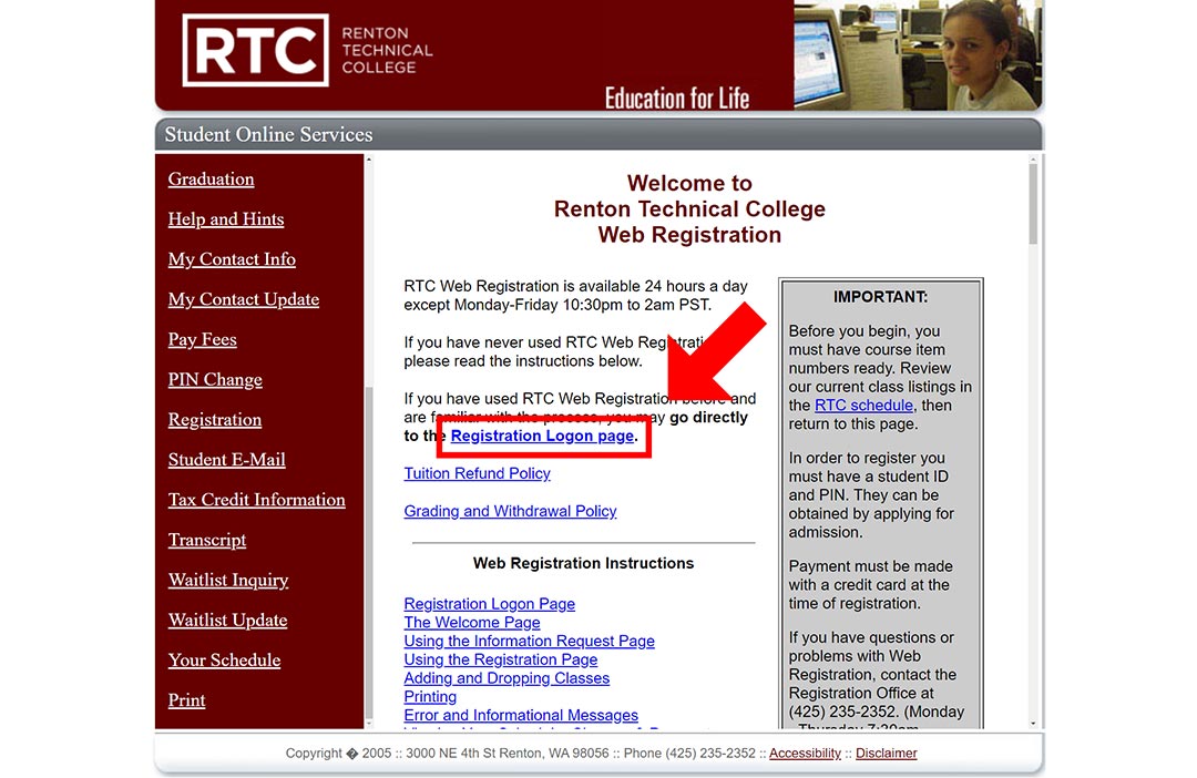 red arrow pointing at a red box surrounding the Registration Logon Page button on the Registration tab of the Student Online Services website
