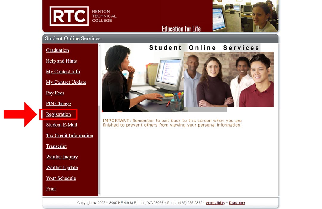 red arrow pointing at a red box surrounding the registration button on the Student Online Services website