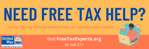 Text says Need Free Tax Help? Let our IRS-certified tax experts help you maximize your refund! Visit FreeTaxExperts.org or call 211, logo of United Way on the left and an illustration of a person on a computer on the right
