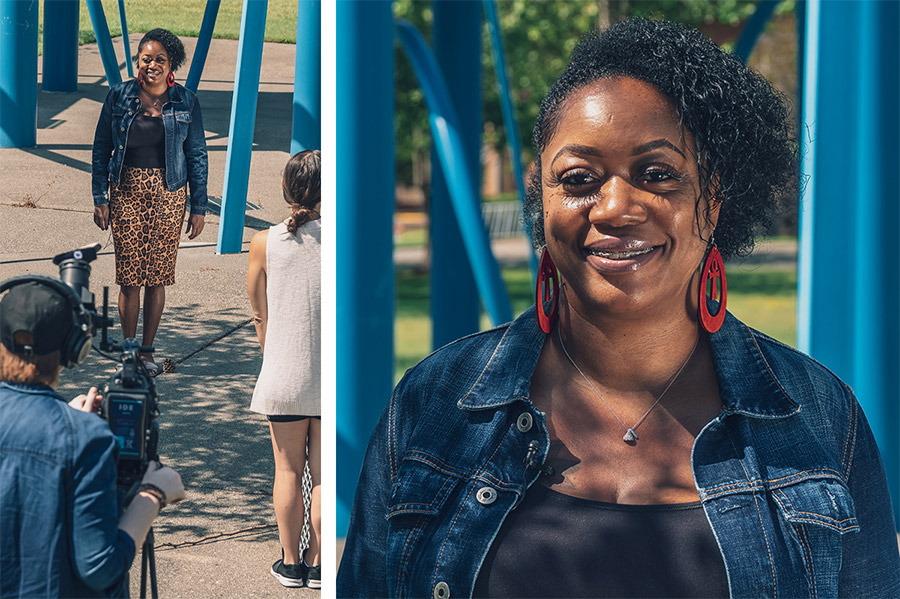 Two-column photo, on the left shows the photographer, interviewer, and student outside during interview; on the right column, shows a close up of Tiffiny, outside, on campus.