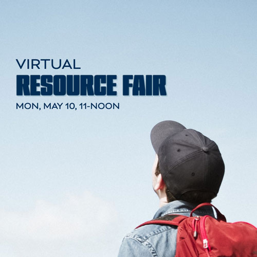 Text says Virtual Resource Fair, a person with red backpack on lower right corner